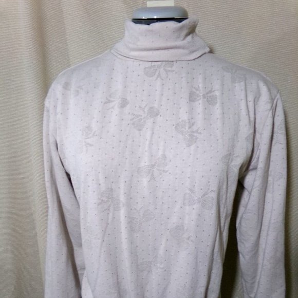 Bows print Layered Sweatshirt Top XS Beige Turtleneck Loose fit Lined top LS - Picture 3 of 11